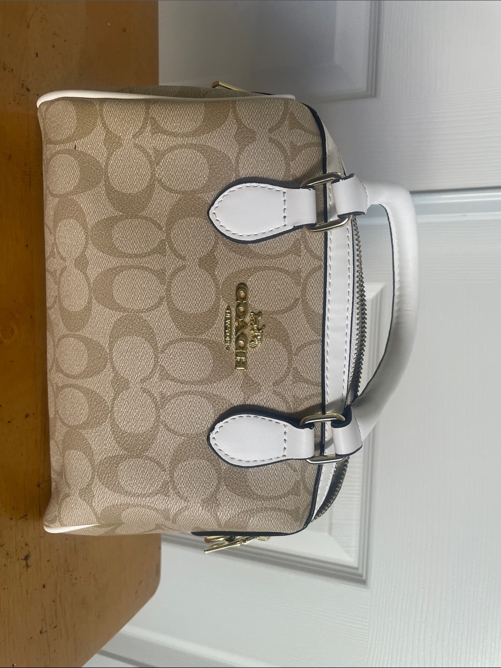 Coach Beige Signature Satchel with White Trim